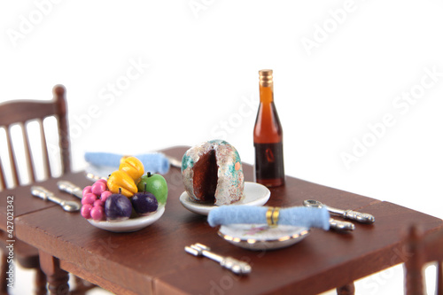 dollhouse interior - served dining table isolated on white background