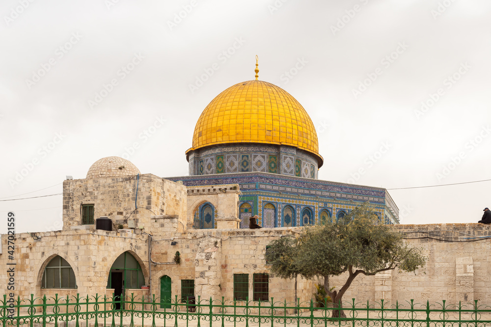 View of the Dome of the Rock mosque from the roof of the Madrasah are on the Temple Mount in the Old Town of Jerusalem in Israel