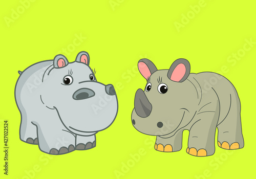  African animals. In the world of animals, nature. Vector image of animals in color.  hippopotamus, rhinoceros
