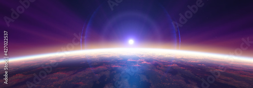 Earth sunrise from space over cloudy ocean. 3d rendering