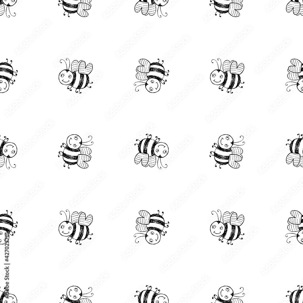 Seamless background of drawn cartoon funny flying bees Seamless background of drawn cartoon funny flying bees