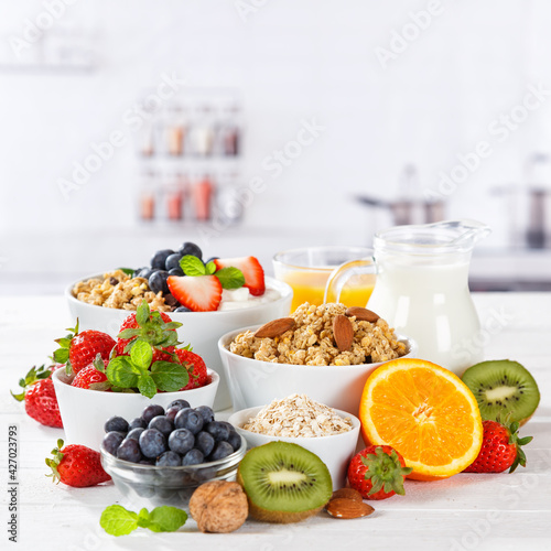 Healthy breakfast strawberry yogurt fruit bowl pot eating yoghurt food square