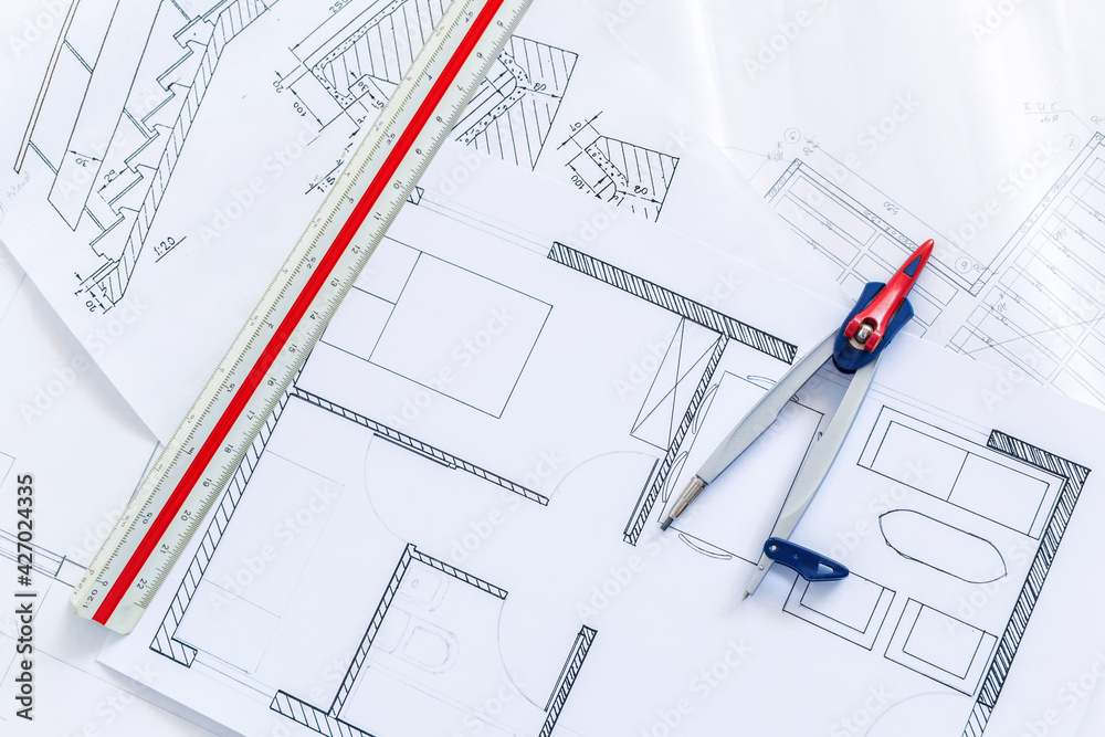 Engineer drawings, work project paper prints.