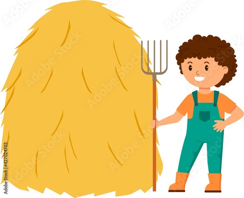 Cute cartoon young guy farmer holding pitchfork isolated on white background. Vector illustration.