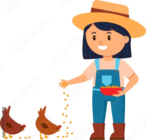 Flat style illustration of a young girl feeding A woman working on a chicken farm. Female farmer throwing birdseed. 