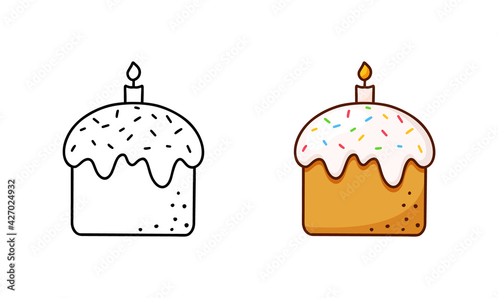 Easter cake with candle doodle icon. Linear and color version. Hand drawn simple illustration of traditional festive dessert. Contour isolated vector pictogram on white background Easter cake with candle doodle icon. Linear and color version. Hand drawn simple illustration of traditional festive dessert. Contour isolated vector pictogram on white background