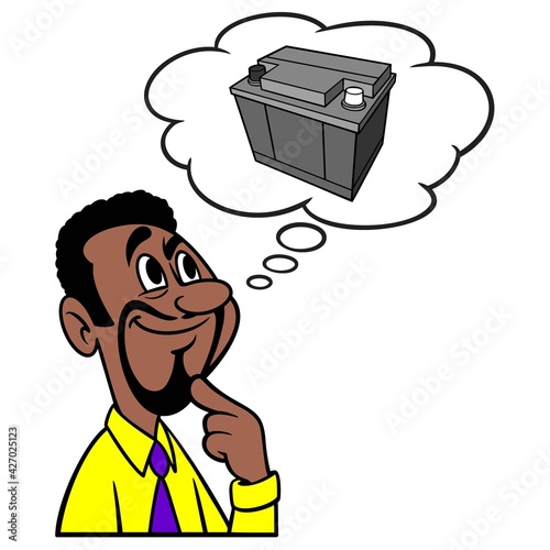 Man thinking about a Car Battery - A cartoon illustration of a man thinking about a new Car Battery.