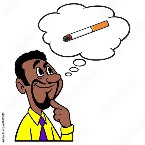Man thinking about a Cigarette - A cartoon illustration of a man thinking about having a Cigarette break at work.