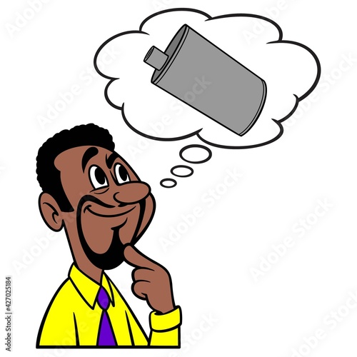 Man thinking about a Car Muffler - A cartoon illustration of a man thinking about a new Car Muffler.