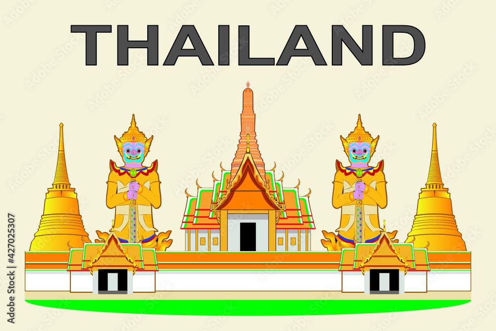 Thailand Symbols Vector Drawing With Thai Temple Or Wat And Giant thailand-symbols-vector-drawing-with-thai-temple-or-wat-and-giant