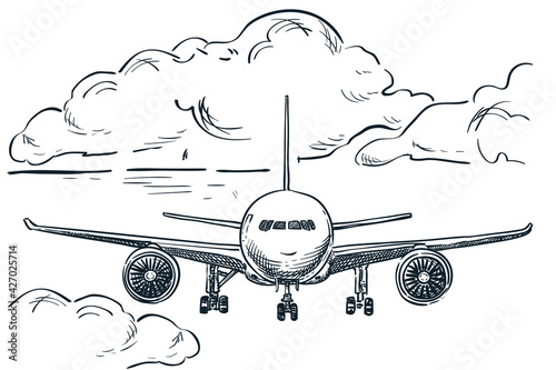 Plane flies in sky, hand drawn vector sketch illustration. Tourism, travel and vacation isolated design elements