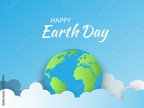Earth Day.Banner Earth Day with a planet Earth in the blue clouds. Paper cut or origami sky.World Earth Day BackgroundWorld saving,protection family and environment concept.Globe.Vector.