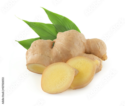 Fresh ginger rhizome,sliced and green leaves isolated on white background,Herbal,clipping path.