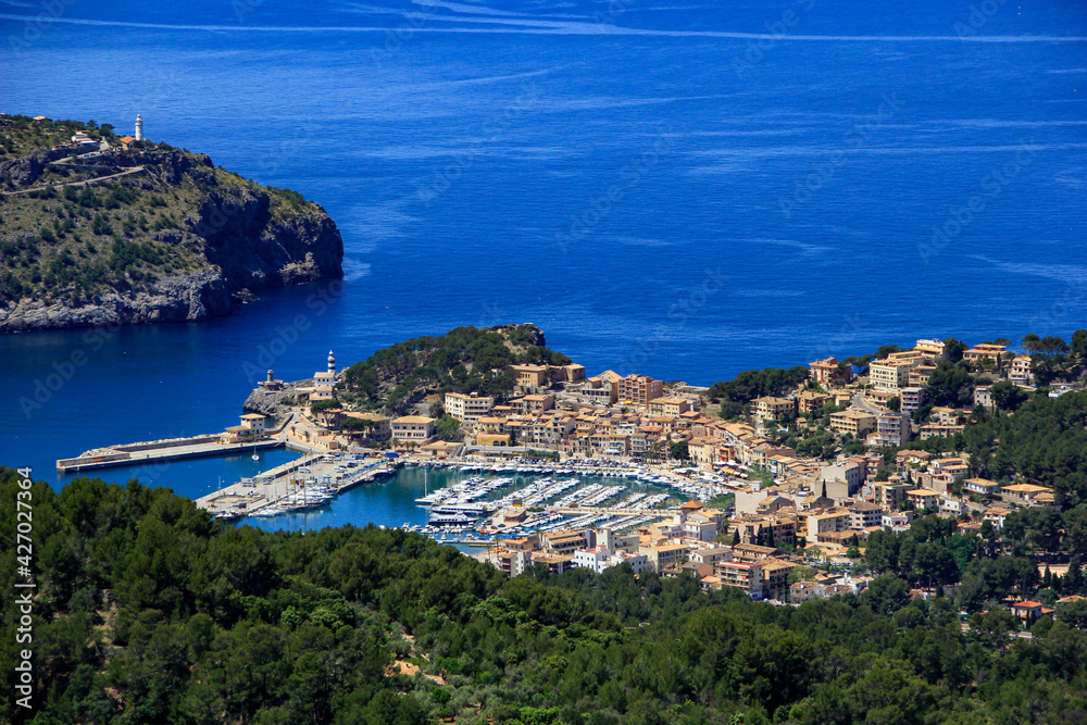 Elevated view of the beautiful harbour of Port de Soller, Mallorca, Spain