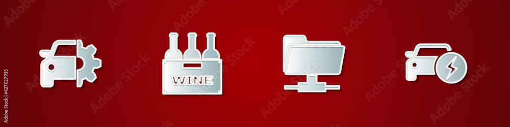 Set Car service, Bottles of wine in box, FTP folder and Electric car icon. Vector Set Car service, Bottles of wine in box, FTP folder and Electric car icon. Vector