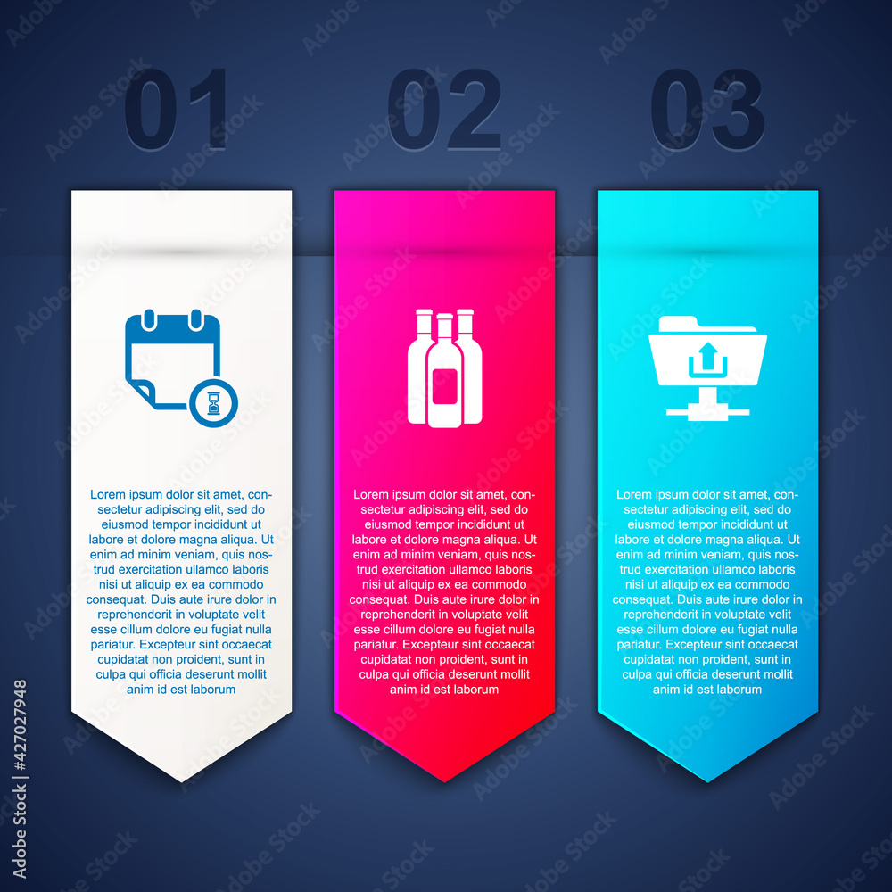Set Calendar and clock, Bottles of wine and FTP folder upload. Business infographic template. Vector