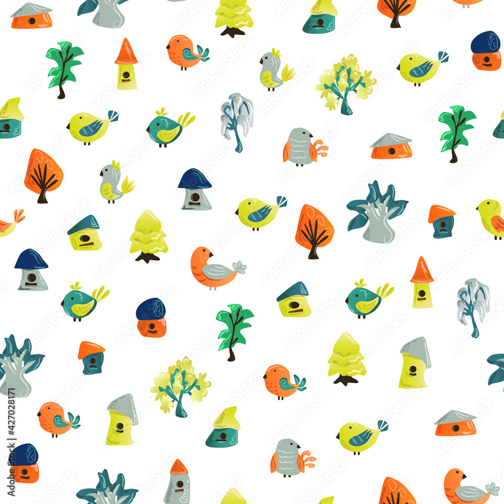 seamless vector patterns with birds, houses and flowers. kids cute backgrounds for textiles and decorations