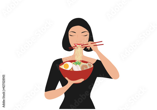 Beautiful woman eating japanese noodle bowl vector illustration