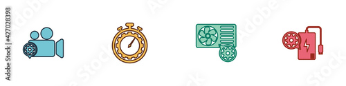 Set Video camera setting, Time management, Air conditioner and Power bank icon. Vector