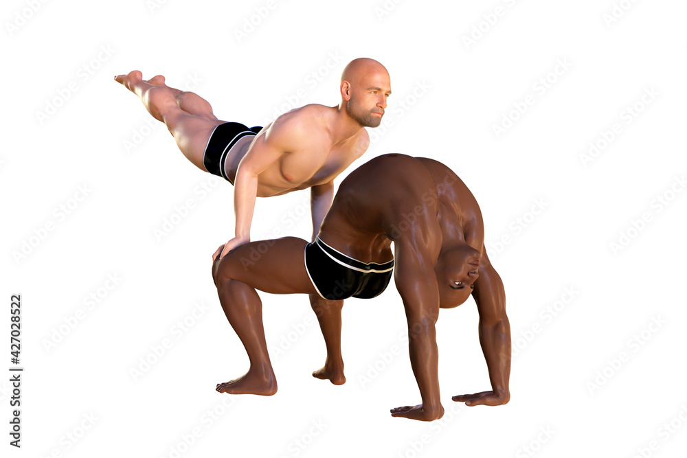 Advanced partner yoga pose. Couples yoga. 3D illustration