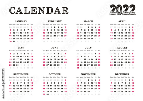 Landscape Calendar template for 2022 year. 12 months yearly calendar set in 2022. Week starts on Sunday. Vector illustration.