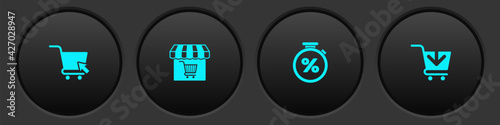 Set Shopping cart with cursor, Market store shopping, Stopwatch and percent and Add icon. Vector