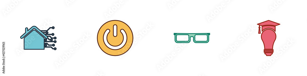 Set Smart home, Power button, Glasses and Light bulb and graduation cap icon. Vector Set Smart home, Power button, Glasses and Light bulb and graduation cap icon. Vector