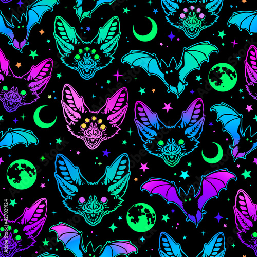 seamless pattern of multicolored bright bats