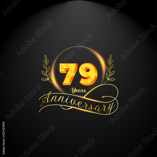 Elegant golden 79 years anniversary logo template. luxury retro vintage style. vector illustration