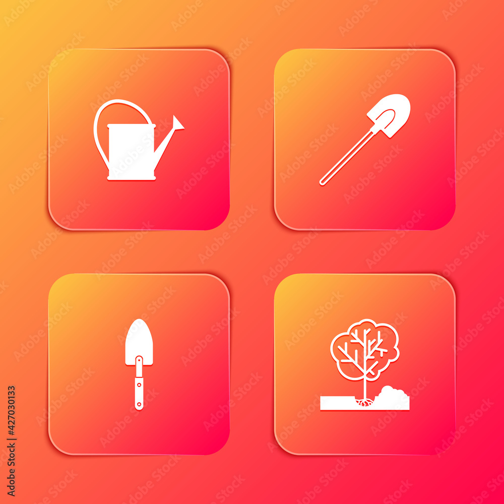 Set Watering can, Garden shovel, trowel spade or and Planting tree the ground icon. Vector Set Watering can, Garden shovel, trowel spade or and Planting tree the ground icon. Vector