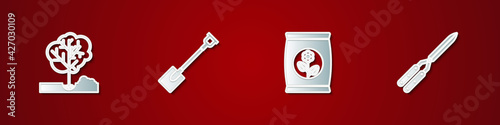 Set Planting tree in the ground, Garden shovel, Fertilizer bag and Gardening handmade scissor icon. Vector