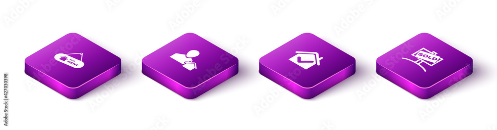 Set Isometric Hanging sign with For Rent, Realtor, House check mark and Sold icon. Vector Set Isometric Hanging sign with For Rent, Realtor, House check mark and Sold icon. Vector