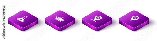 Set Isometric Test tube with marijuana, Cup tea, Location and and icon. Vector