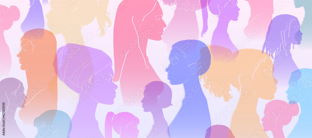 Group of diverse young people, female equality, different culture. Calm or smiling women, colorful sketch vector illustration, abstract concept.	