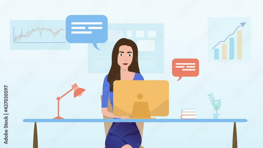 2D Motion graphics, office workers sitting at desks and communicating.