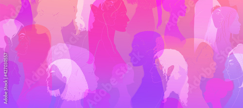 Group of diverse young people  female equality  different culture. Calm or smiling women  colorful sketch vector illustration  abstract concept. 