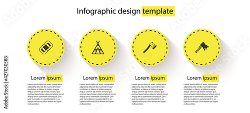 Set Rafting boat, Tourist tent, Wooden axe and Old wooden. Business infographic template. Vector