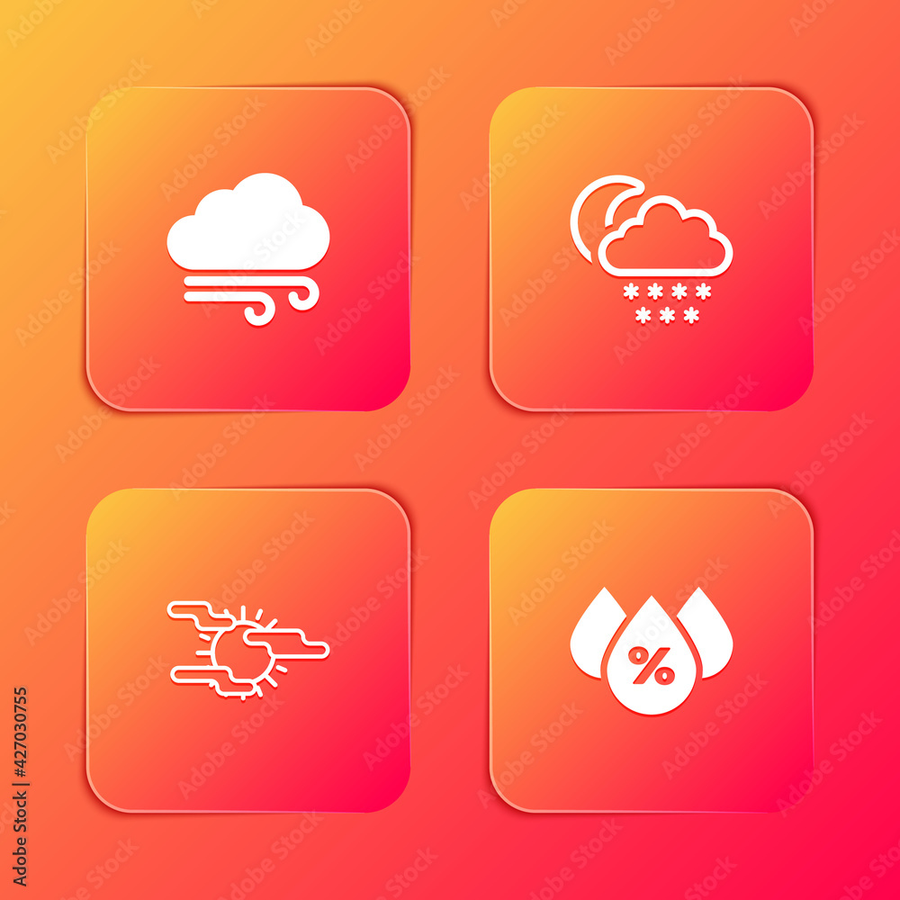 Set Windy weather, Cloud with snow and moon, Fog sun and Water drop percentage icon. Vector Set Windy weather, Cloud with snow and moon, Fog sun and Water drop percentage icon. Vector