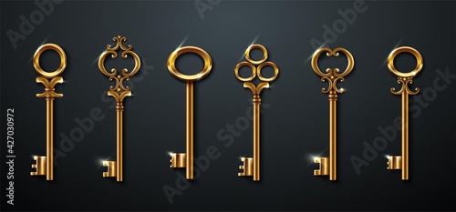 Fotografie, Tablou 3d realistic vector collection of golden old vintage keys.