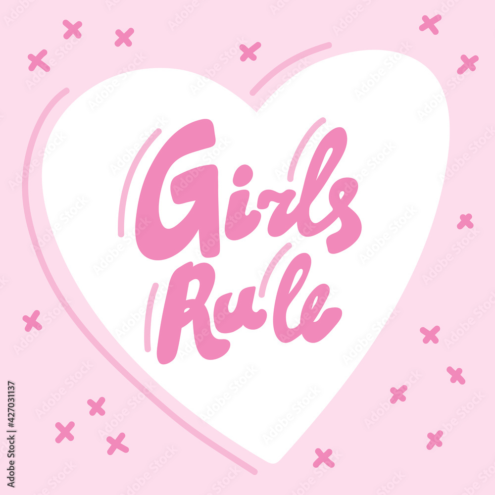 Girls Rule. Hand drawn blue calligraphy girly lettering banner on orange background. Good for tee, poster, card, sticker, advertisement