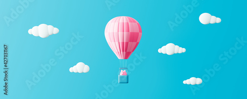 Fototapeta Naklejka Na Ścianę i Meble -  Piggy bank in hot air balloon on blue sky, Savings Protection Concept 3d render 3d illustration