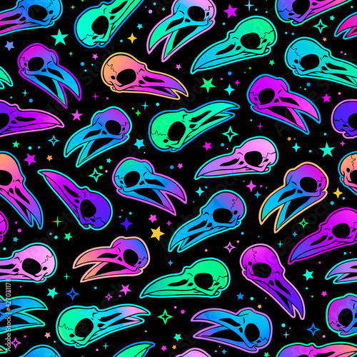 seamless pattern of bright rainbow bird skulls