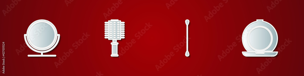 Set Round makeup mirror, Hairbrush, Cotton swab for ears and Makeup powder with icon. Vector Set Round makeup mirror, Hairbrush, Cotton swab for ears and Makeup powder with icon. Vector