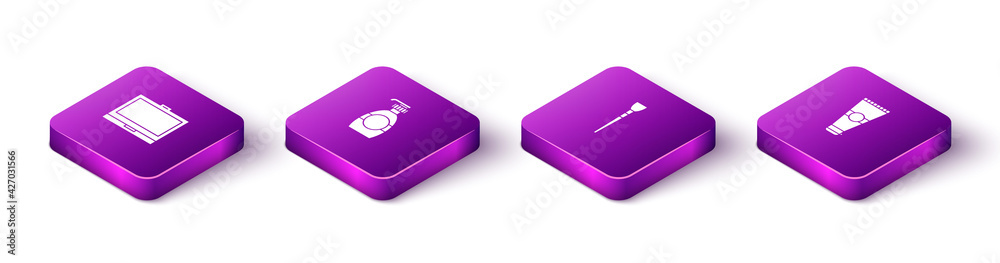 Set Isometric Makeup powder with mirror, Bottle of liquid soap, brush and Lotion cosmetic tube icon. Vector Set Isometric Makeup powder with mirror, Bottle of liquid soap, brush and Lotion cosmetic tube icon. Vector