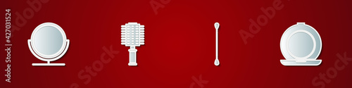 Set Round makeup mirror, Hairbrush, Cotton swab for ears and Makeup powder with icon. Vector