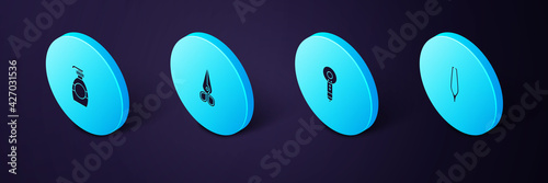 Set Isometric Eyebrow tweezers, Hair dryer, Scissors and Bottle of liquid soap icon. Vector