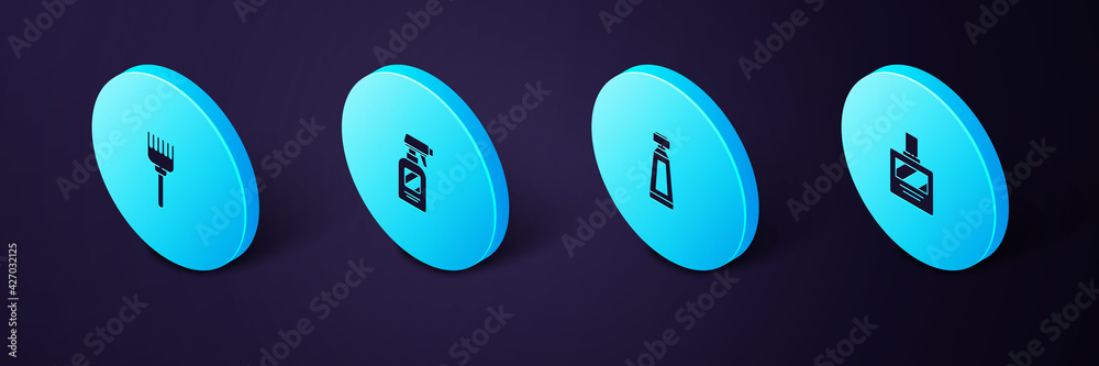 Set Isometric Aftershave, Cream or lotion cosmetic tube, Hairdresser pistol spray bottle and Hairbrush icon. Vector Set Isometric Aftershave, Cream or lotion cosmetic tube, Hairdresser pistol spray bottle and Hairbrush icon. Vector