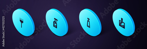 Set Isometric Aftershave, Cream or lotion cosmetic tube, Hairdresser pistol spray bottle and Hairbrush icon. Vector