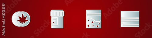 Set Herbal ecstasy tablets, Medical bottle with cannabis, Plastic bag of and Rolling paper icon. Vector