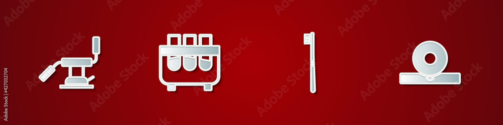Set Medical dental chair, Test tube and flask, Toothbrush and Otolaryngological head reflector icon. Vector Set Medical dental chair, Test tube and flask, Toothbrush and Otolaryngological head reflector icon. Vector
